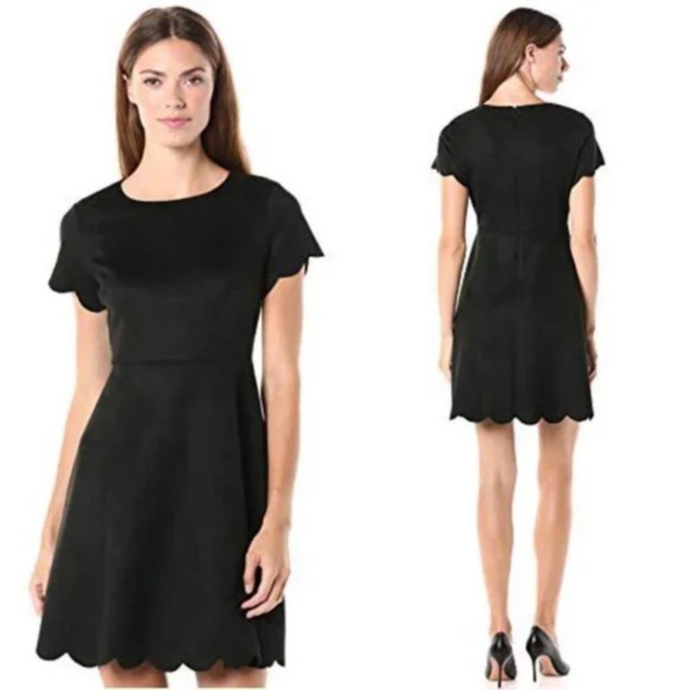 PAPPAGALLO Scalloped Short Sleeve Dress in Black Size 6 Brand New NWT